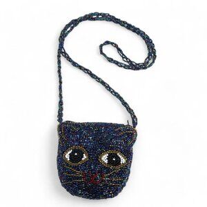 Beaded Cat Mini Crossbody Purse Top Zipper Blue Purple Iridescent Tube Beads 4"